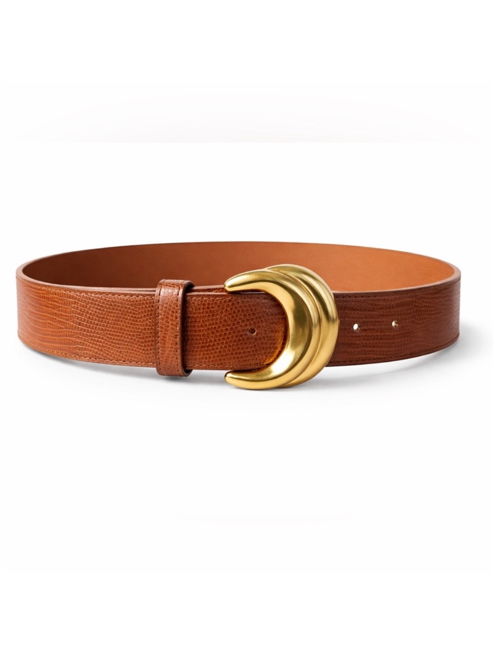 Brown Textured Faux Leather Belt with Gold Crescent Buckle size 26